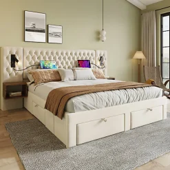 ModernLuxe Lit adulte en velours 180x200 cm - avec 2 chevets et 4 tiroirs - 2 liseuses avec prise USB - Beige (matelas non inclus)