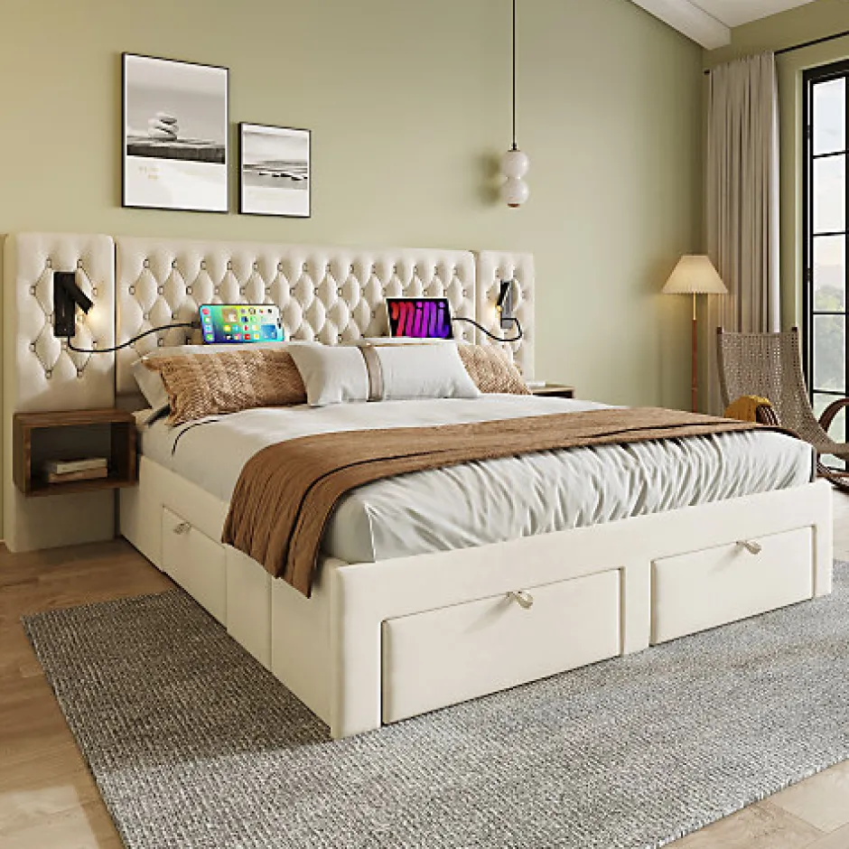 ModernLuxe Lit adulte en velours 180x200 cm - avec 2 chevets et 4 tiroirs - 2 liseuses avec prise USB - Beige (matelas non inclus)