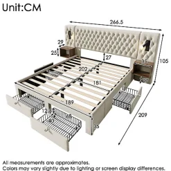 ModernLuxe Lit adulte en velours 180x200 cm - avec 2 chevets et 4 tiroirs - 2 liseuses avec prise USB - Beige (matelas non inclus)