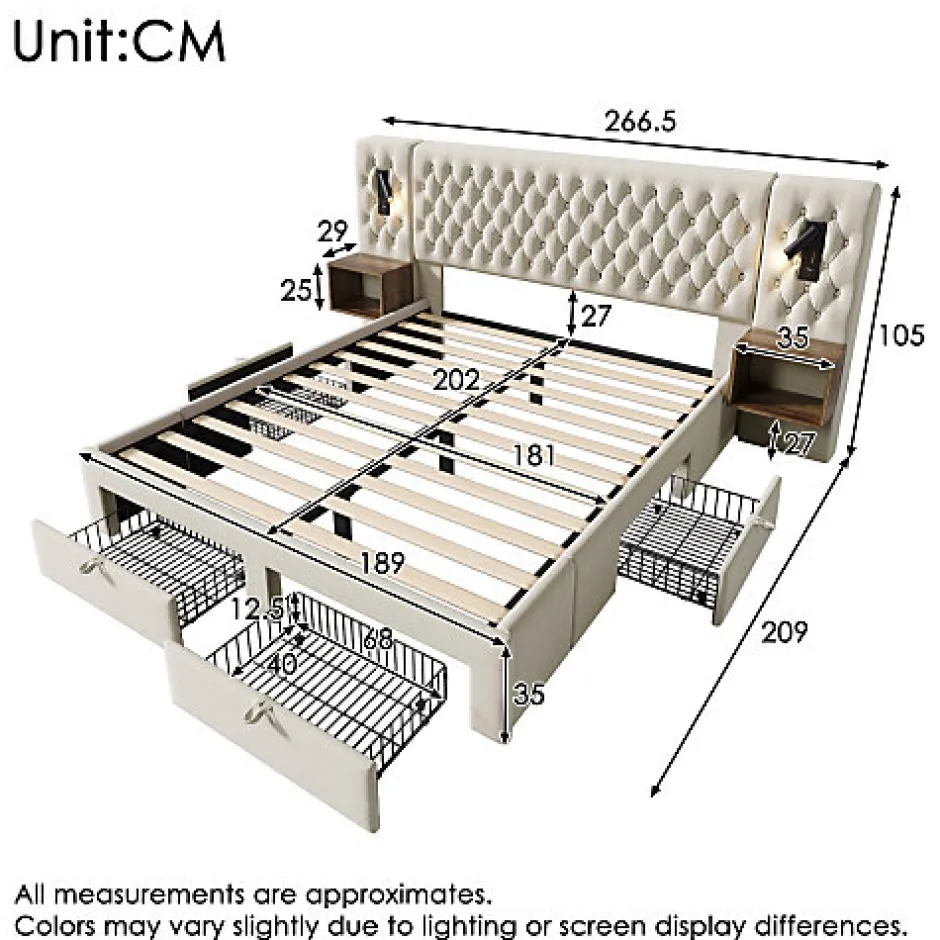 ModernLuxe Lit adulte en velours 180x200 cm - avec 2 chevets et 4 tiroirs - 2 liseuses avec prise USB - Beige (matelas non inclus)