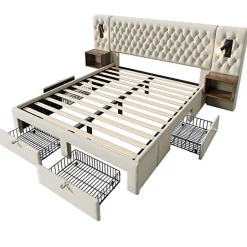 ModernLuxe Lit adulte en velours 180x200 cm - avec 2 chevets et 4 tiroirs - 2 liseuses avec prise USB - Beige (matelas non inclus)