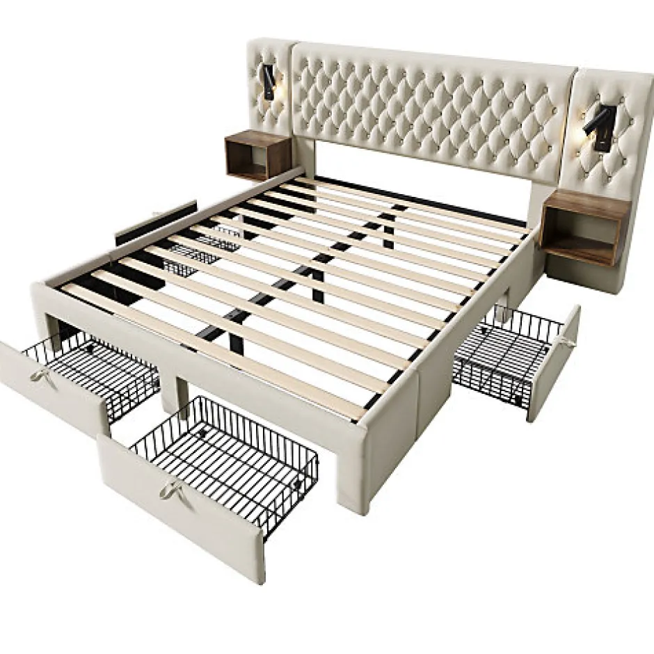 ModernLuxe Lit adulte en velours 180x200 cm - avec 2 chevets et 4 tiroirs - 2 liseuses avec prise USB - Beige (matelas non inclus)