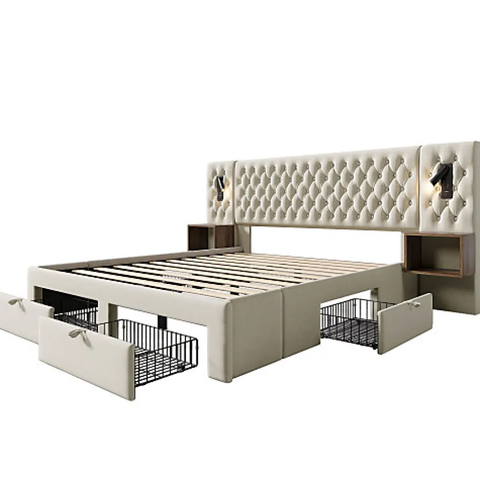 ModernLuxe Lit adulte en velours 180x200 cm - avec 2 chevets et 4 tiroirs - 2 liseuses avec prise USB - Beige (matelas non inclus)
