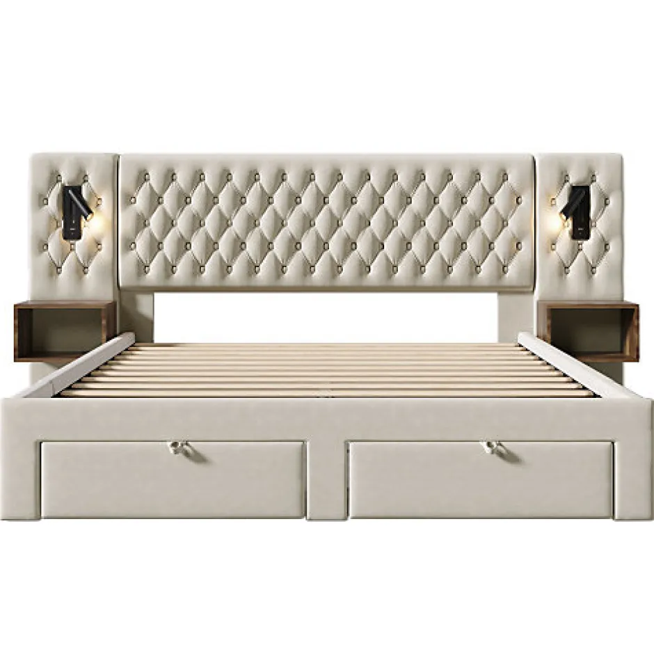 ModernLuxe Lit adulte en velours 180x200 cm - avec 2 chevets et 4 tiroirs - 2 liseuses avec prise USB - Beige (matelas non inclus)