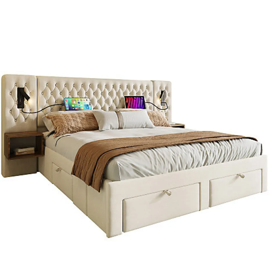 ModernLuxe Lit adulte en velours 180x200 cm - avec 2 chevets et 4 tiroirs - 2 liseuses avec prise USB - Beige (matelas non inclus)