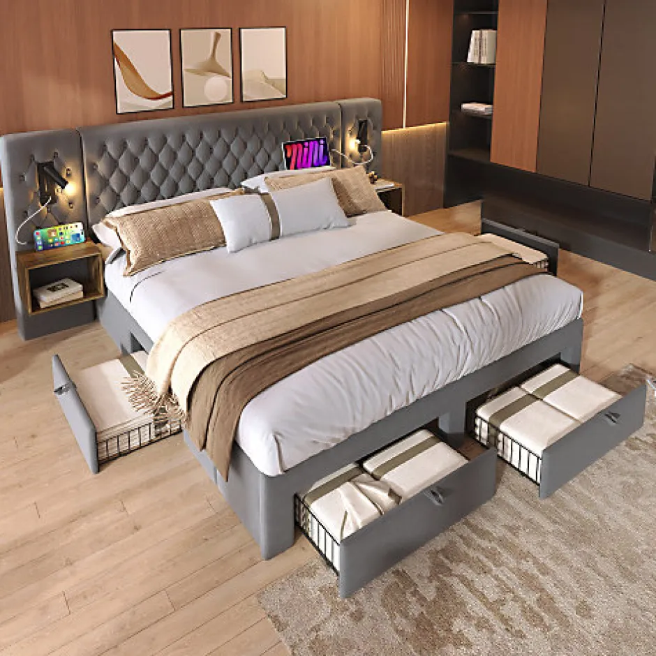 ModernLuxe Lit adulte en velours 180x200 cm - avec 2 chevets et 4 tiroirs - 2 liseuses avec prise USB - Gris (matelas non inclus)