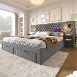 ModernLuxe Lit adulte en velours 180x200 cm - avec 2 chevets et 4 tiroirs - 2 liseuses avec prise USB - Gris (matelas non inclus)