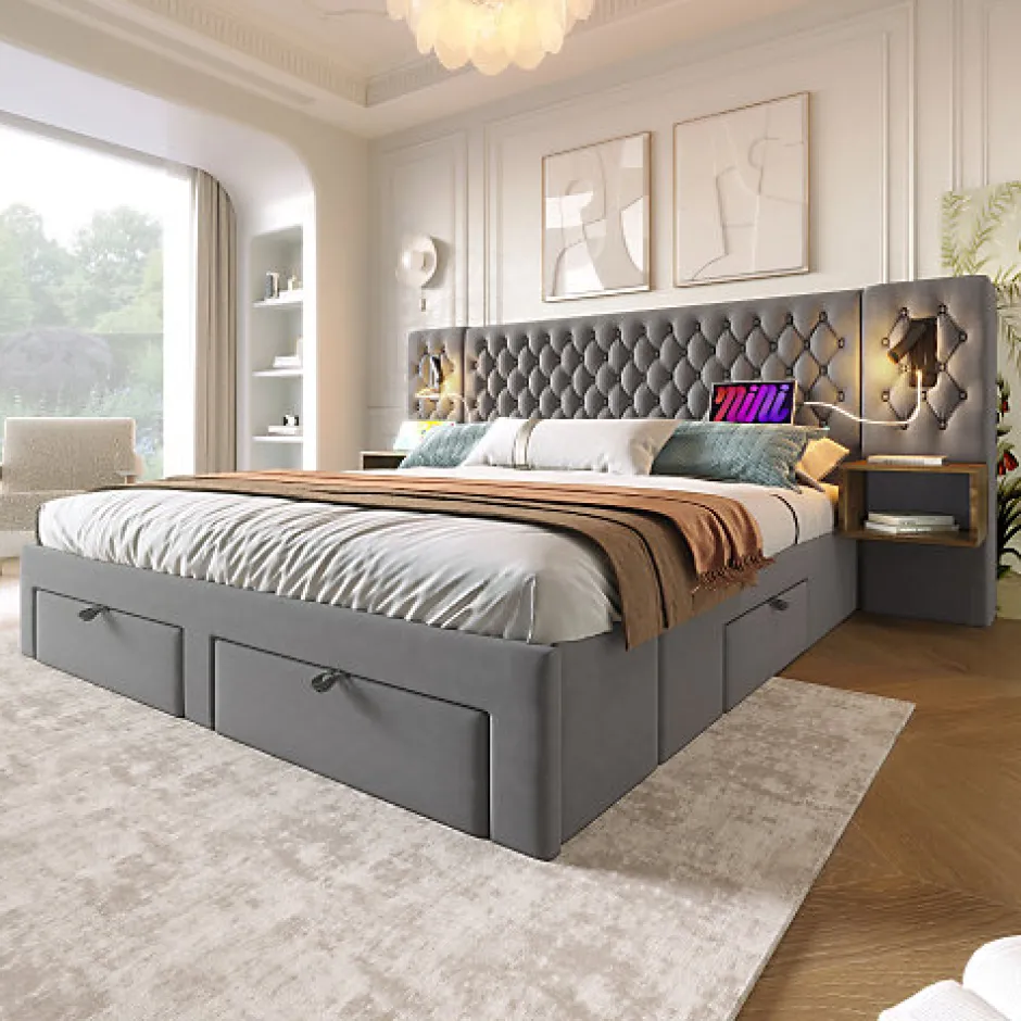ModernLuxe Lit adulte en velours 180x200 cm - avec 2 chevets et 4 tiroirs - 2 liseuses avec prise USB - Gris (matelas non inclus)