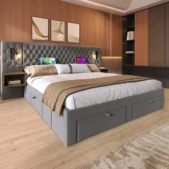 ModernLuxe Lit adulte en velours 180x200 cm - avec 2 chevets et 4 tiroirs - 2 liseuses avec prise USB - Gris (matelas non inclus)