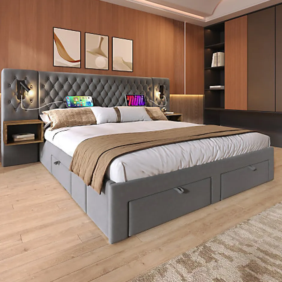 ModernLuxe Lit adulte en velours 180x200 cm - avec 2 chevets et 4 tiroirs - 2 liseuses avec prise USB - Gris (matelas non inclus)