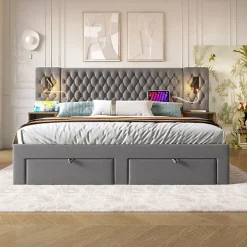 ModernLuxe Lit adulte en velours 180x200 cm - avec 2 chevets et 4 tiroirs - 2 liseuses avec prise USB - Gris (matelas non inclus)