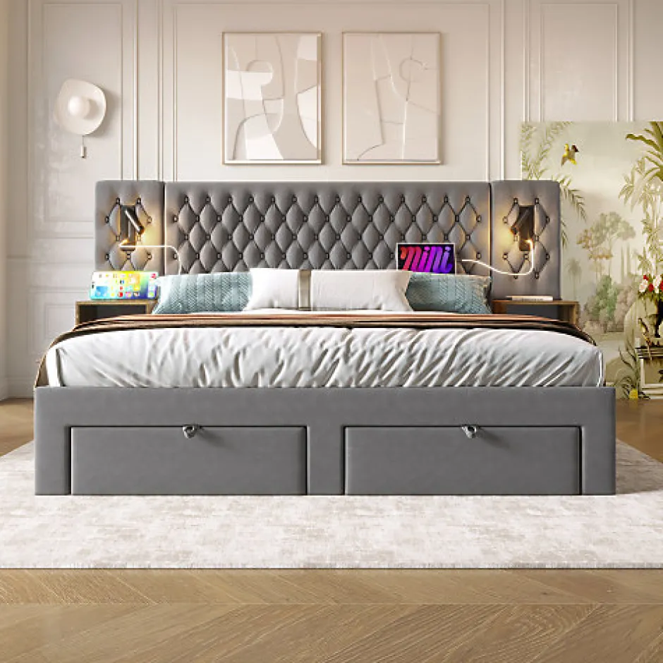 ModernLuxe Lit adulte en velours 180x200 cm - avec 2 chevets et 4 tiroirs - 2 liseuses avec prise USB - Gris (matelas non inclus)