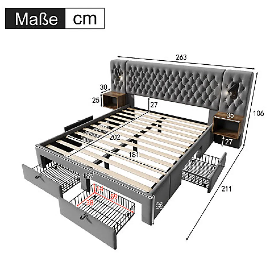 ModernLuxe Lit adulte en velours 180x200 cm - avec 2 chevets et 4 tiroirs - 2 liseuses avec prise USB - Gris (matelas non inclus)