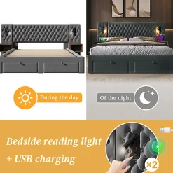 ModernLuxe Lit adulte en velours 180x200 cm - avec 2 chevets et 4 tiroirs - 2 liseuses avec prise USB - Gris (matelas non inclus)