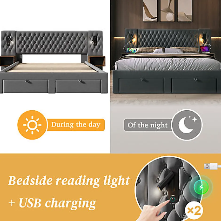 ModernLuxe Lit adulte en velours 180x200 cm - avec 2 chevets et 4 tiroirs - 2 liseuses avec prise USB - Gris (matelas non inclus)