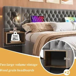 ModernLuxe Lit adulte en velours 180x200 cm - avec 2 chevets et 4 tiroirs - 2 liseuses avec prise USB - Gris (matelas non inclus)