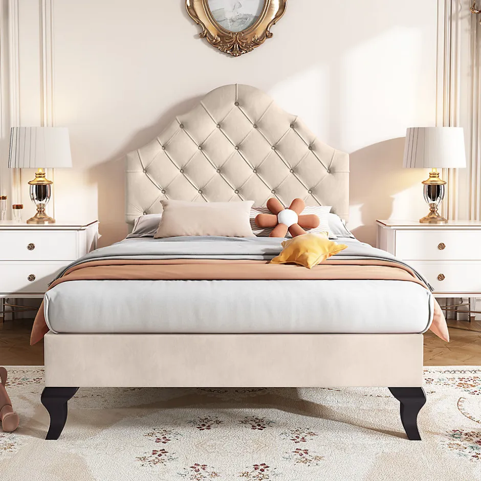 Gutent Lit adulte lit cadre à lattes en bois lit 90x200 cm lit rembourré Single velours beige