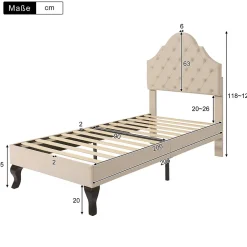 Gutent Lit adulte lit cadre à lattes en bois lit 90x200 cm lit rembourré Single velours beige