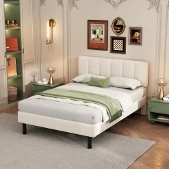 Gutent Lit adulte lit cadre à lattes en bois lit 140x190 cm lit rembourré lit pieds en fer Single sherpa beige New