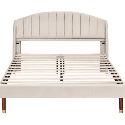 Gutent Lit adulte lit cadre à lattes en bois lit 160x200 cm lit rembourré Single velours beige Sale