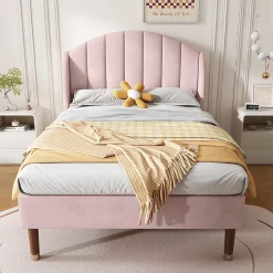 Gutent Lit adulte lit cadre à lattes en bois lit 90x200 cm lit rembourré Single velours rose New