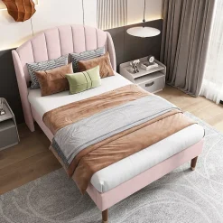 Gutent Lit adulte lit cadre à lattes en bois lit 90x200 cm lit rembourré Single velours rose New