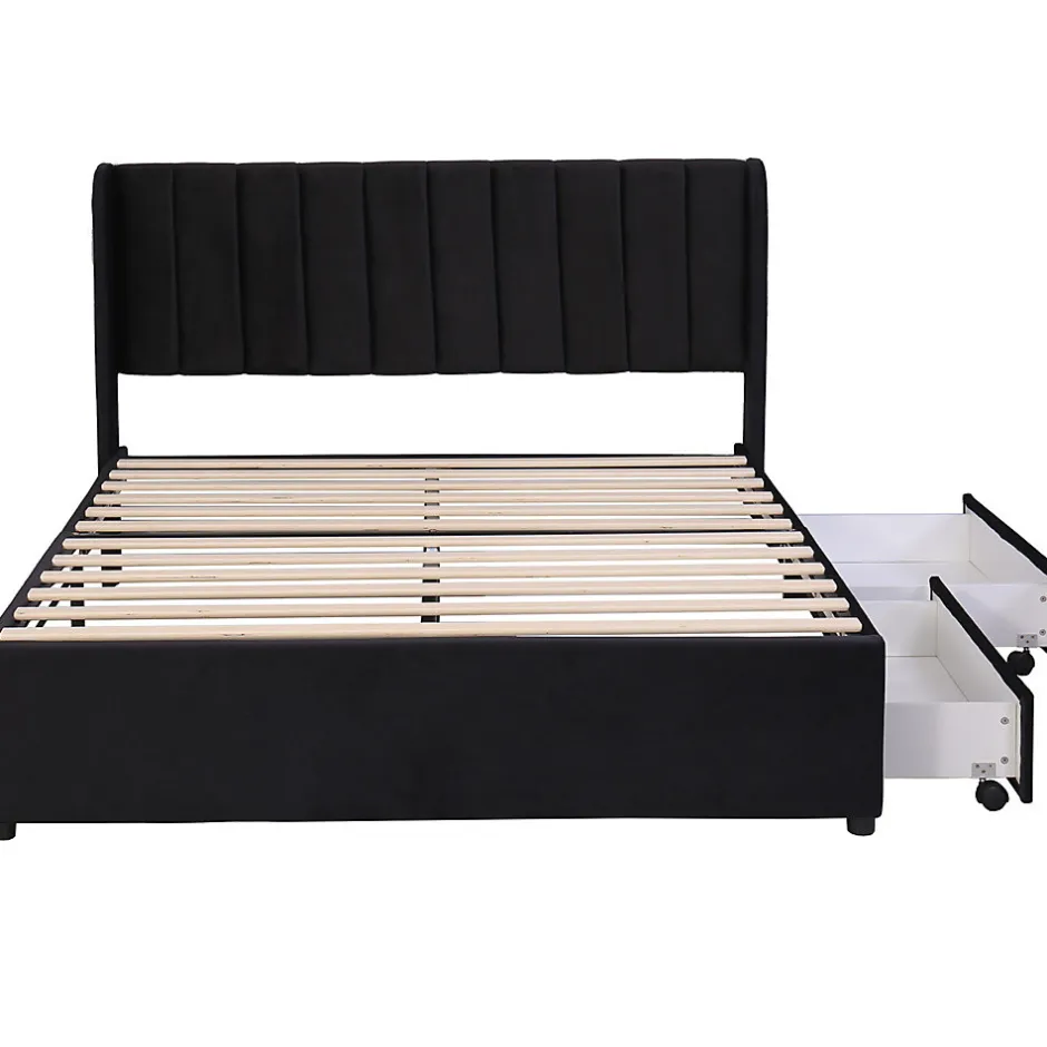 Gutent Lit adulte lit cadre à lattes en bois lit 160x200 cm lit rembourré lit 2 tiroirs lit double velours noir
