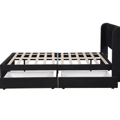 Gutent Lit adulte lit cadre à lattes en bois lit 160x200 cm lit rembourré lit 2 tiroirs lit double velours noir