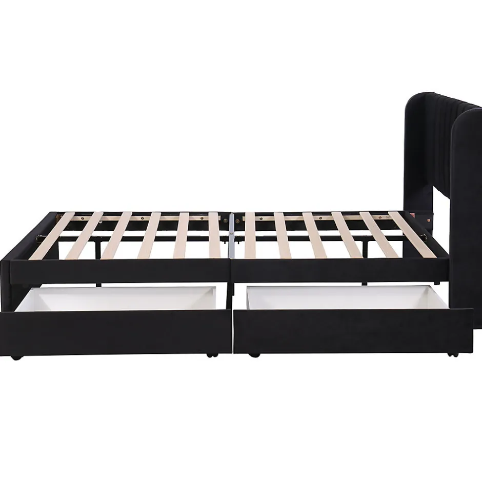 Gutent Lit adulte lit cadre à lattes en bois lit 160x200 cm lit rembourré lit 2 tiroirs lit double velours noir