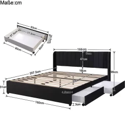 Gutent Lit adulte lit cadre à lattes en bois lit 160x200 cm lit rembourré lit 2 tiroirs lit double velours noir