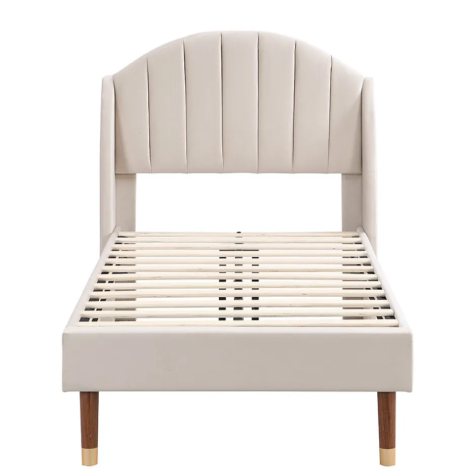 Gutent Lit adulte lit cadre à lattes en bois lit 90x200 cm lit rembourré Single velours beige