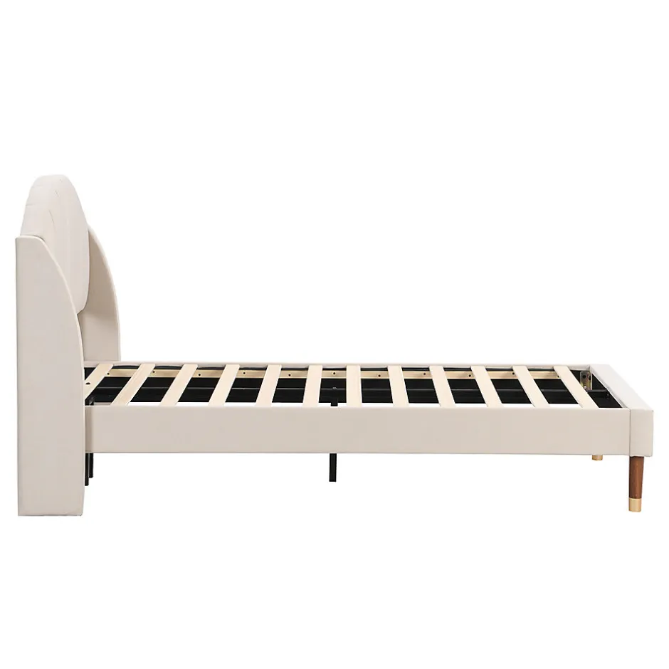 Gutent Lit adulte lit cadre à lattes en bois lit 90x200 cm lit rembourré Single velours beige