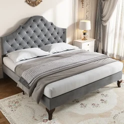 Gutent Lit adulte lit cadre à lattes en bois lit 90x200 cm lit rembourré Single velours gris
