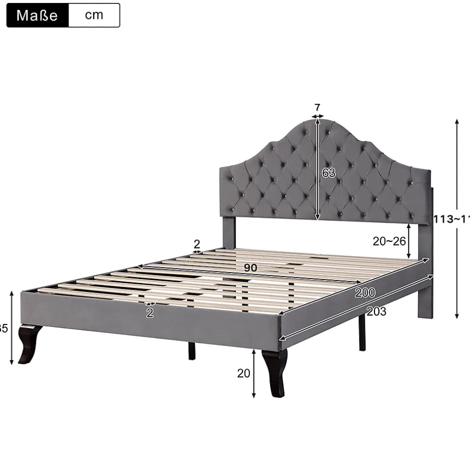 Gutent Lit adulte lit cadre à lattes en bois lit 90x200 cm lit rembourré Single velours gris