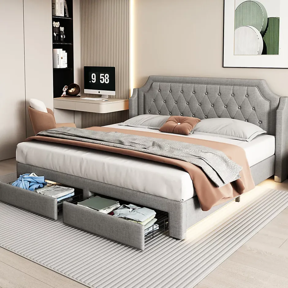 Gutent Lit adulte lit cadre à lattes en bois lit 180x200 cm lit led rembourré lit 2 tiroirs lit double lin gris Clearance
