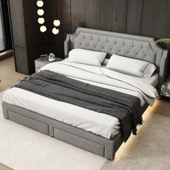 Gutent Lit adulte lit cadre à lattes en bois lit 180x200 cm lit led rembourré lit 2 tiroirs lit double lin gris Clearance