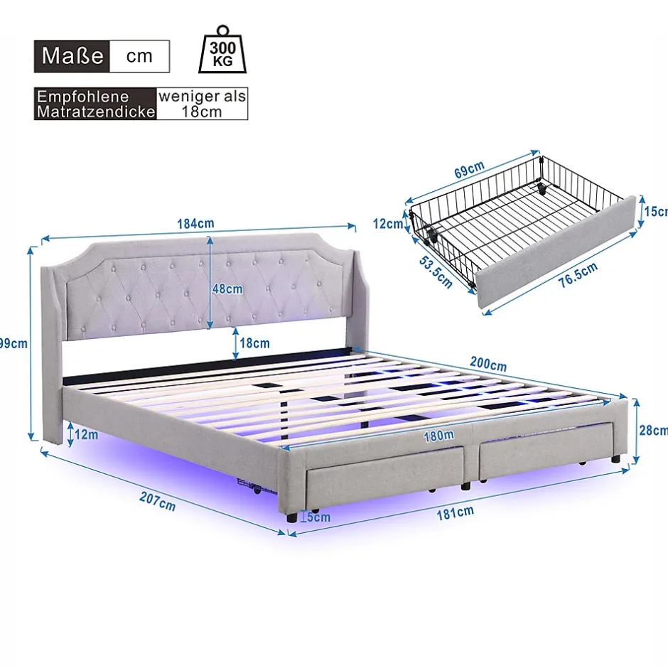 Gutent Lit adulte lit cadre à lattes en bois lit 180x200 cm lit led rembourré lit 2 tiroirs lit double lin gris Clearance