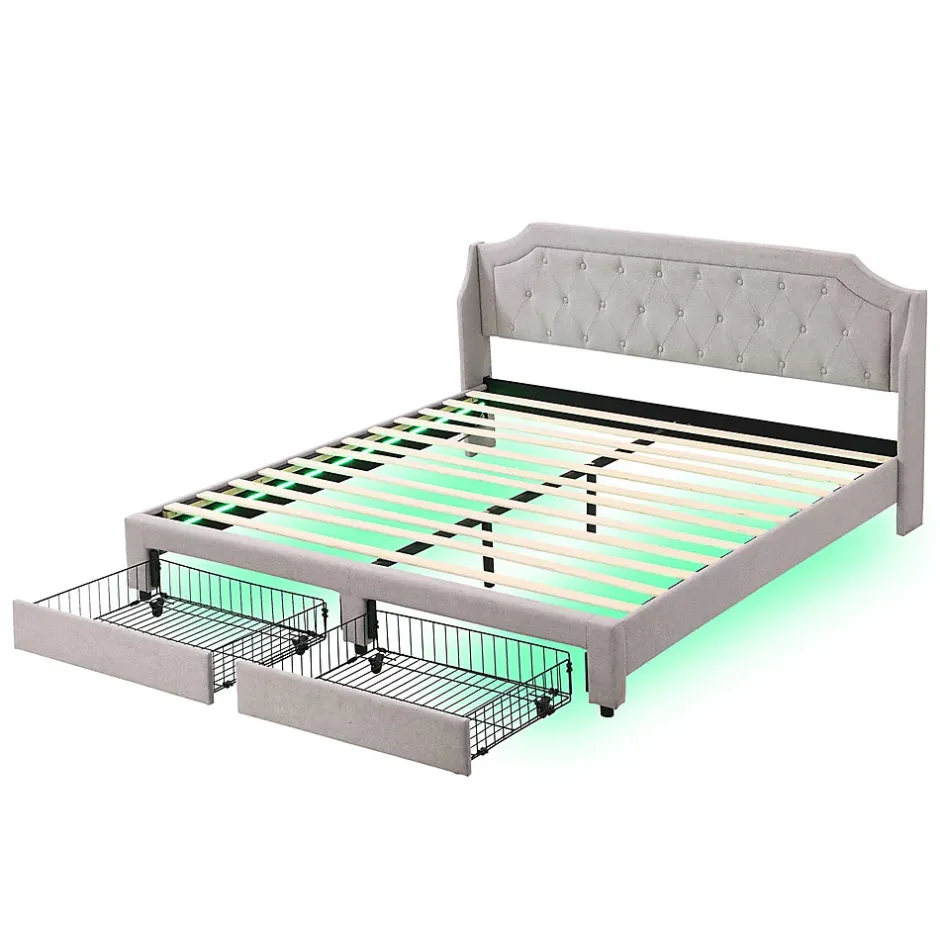 Gutent Lit adulte lit cadre à lattes en bois lit 180x200 cm lit led rembourré lit 2 tiroirs lit double lin gris Clearance