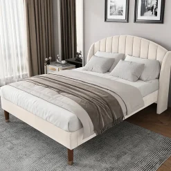 Gutent Lit adulte lit cadre à lattes en bois lit 140x200 cm lit rembourré Single velours beige Discount