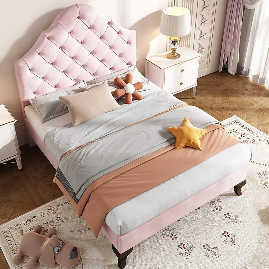 Gutent Lit adulte lit cadre à lattes en bois lit 90x200 cm lit rembourré Single velours rose