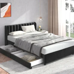 Gutent Lit adulte lit cadre à lattes en bois lit 140x200 cm lit rembourré lit 2 tiroirs lit double velours noir