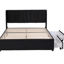Gutent Lit adulte lit cadre à lattes en bois lit 140x200 cm lit rembourré lit 2 tiroirs lit double velours noir
