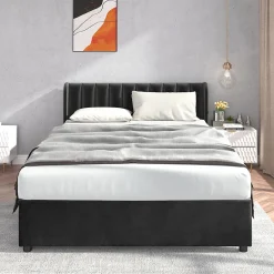 Gutent Lit adulte lit cadre à lattes en bois lit 140x200 cm lit rembourré lit 2 tiroirs lit double velours noir