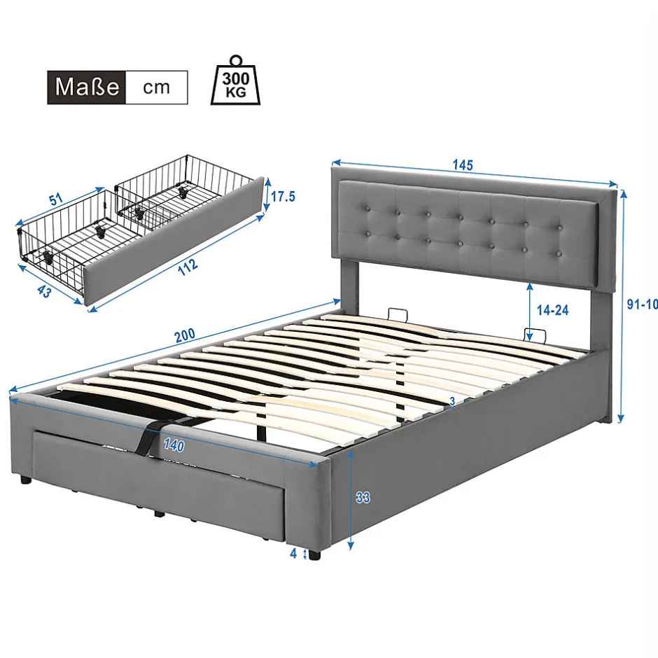 Gutent Lit adulte lit coffre lit 140x200 cm lit de rangement lit rembourré hydraulique lit 2 tiroirs lit double velours gris