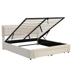Gutent Lit adulte lit coffre lit 180x200 cm lit de rangement lit rembourré hydraulique lit 2 tiroirs lit double velours beige Sale