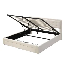 Gutent Lit adulte lit coffre lit 180x200 cm lit de rangement lit rembourré hydraulique lit 2 tiroirs lit double velours beige Sale