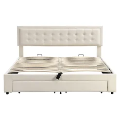 Gutent Lit adulte lit coffre lit 180x200 cm lit de rangement lit rembourré hydraulique lit 2 tiroirs lit double velours beige Sale