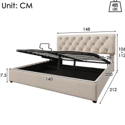 Gutent Lit adulte lit coffre lit 140x200 cm lit de rangement lit rembourré hydraulique lit en métal lit double lin gris clair Outlet