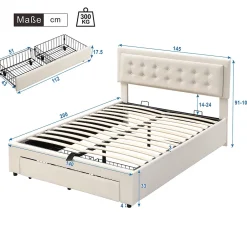 Gutent Lit adulte lit coffre lit 140x200 cm lit de rangement lit rembourré hydraulique lit 2 tiroirs lit double velours beige Hot