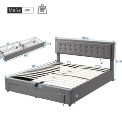 Gutent Lit adulte lit coffre lit 180x200 cm lit de rangement lit rembourré hydraulique lit 2 tiroirs lit double velours gris